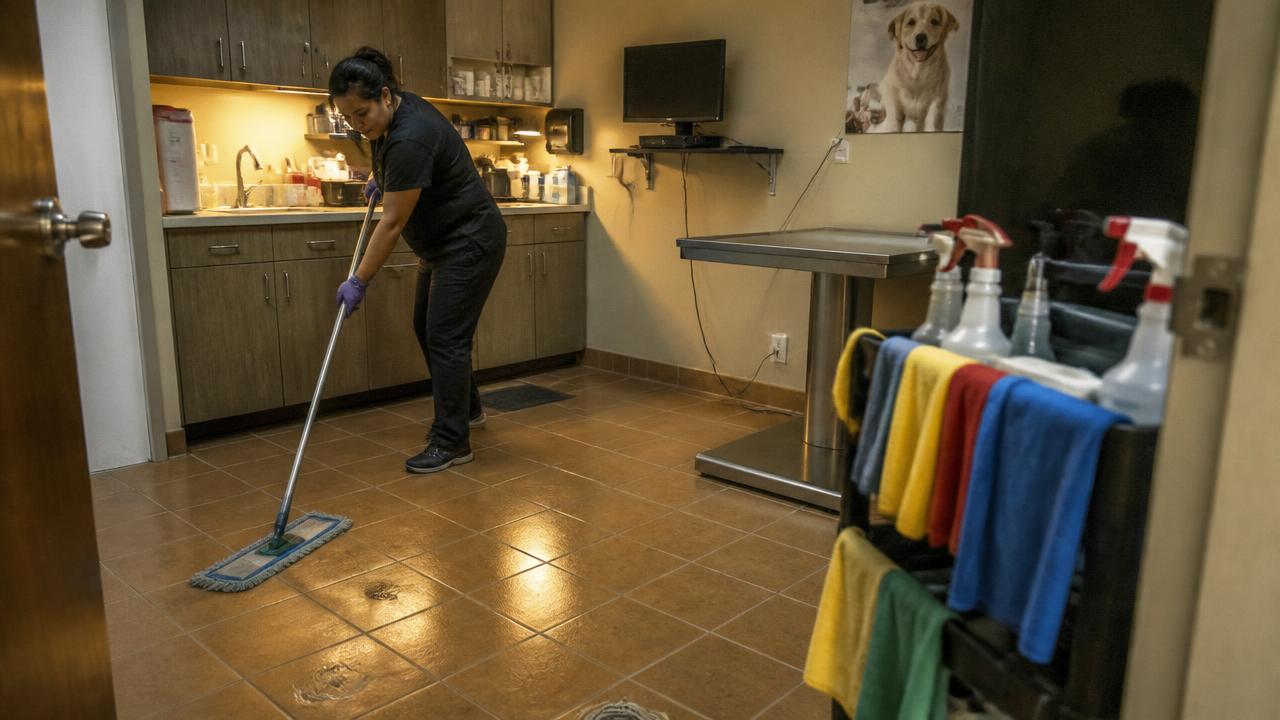 Evening crew mopping the exam room floor of a small-animal veterinary clinic with a color-coded microfiber cart