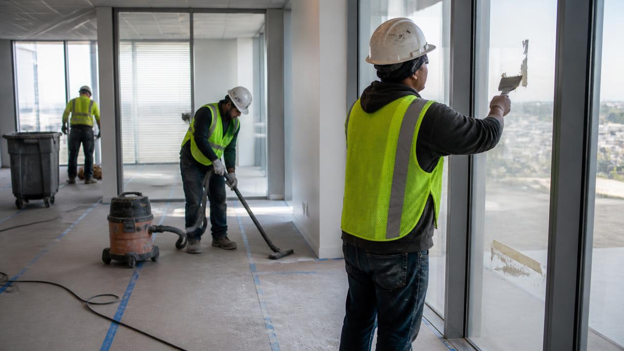 Construction cleaning crew in hard hats scraping window stickers and vacuuming drywall dust in a new office buildout
