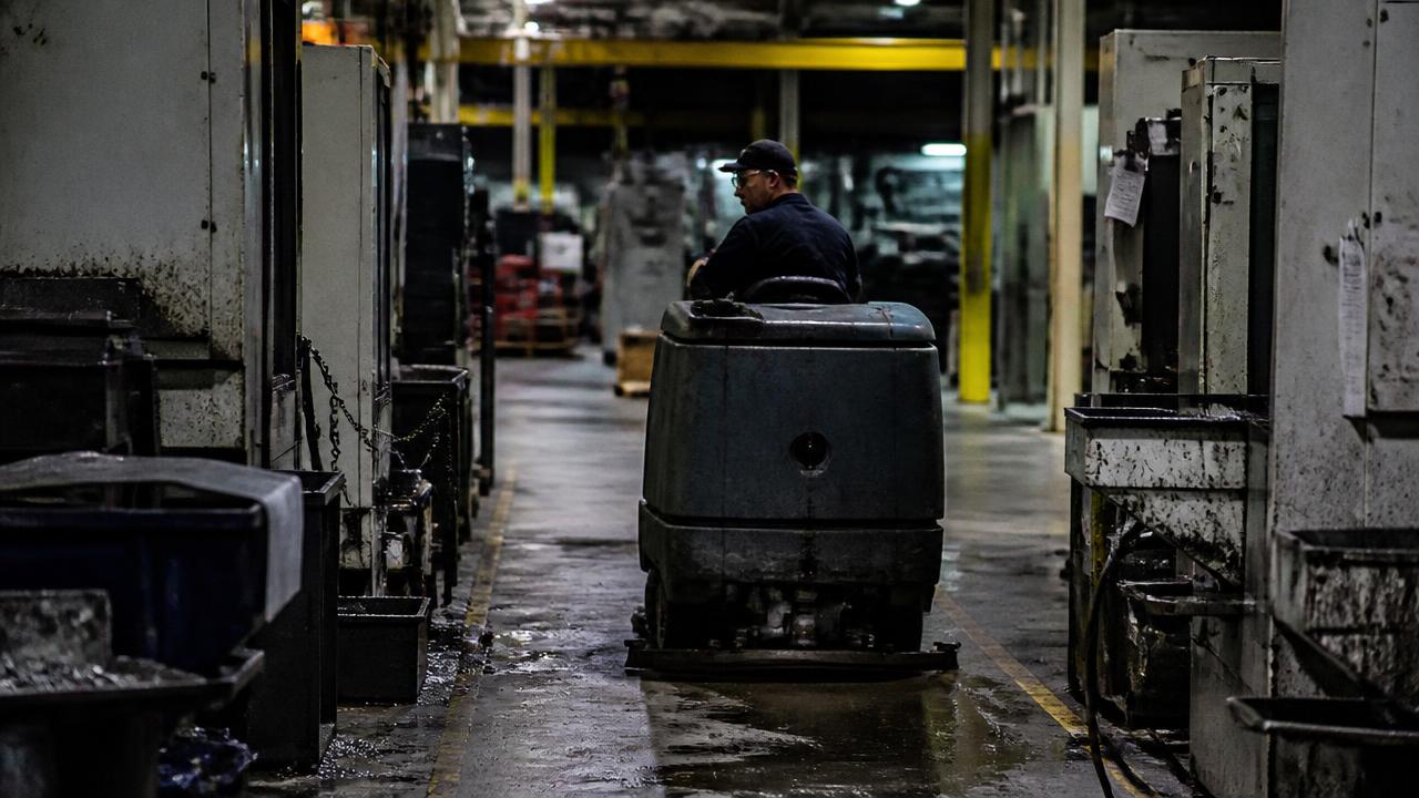 Operator running a ride-on auto-scrubber down an aisle of CNC machines in a precision manufacturing plant