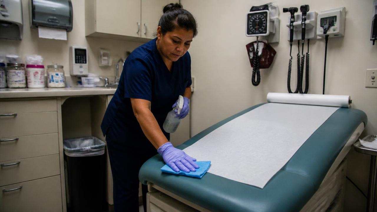 Cleaning technician disinfecting an exam table in a primary care medical office in Sandy Springs, Georgia