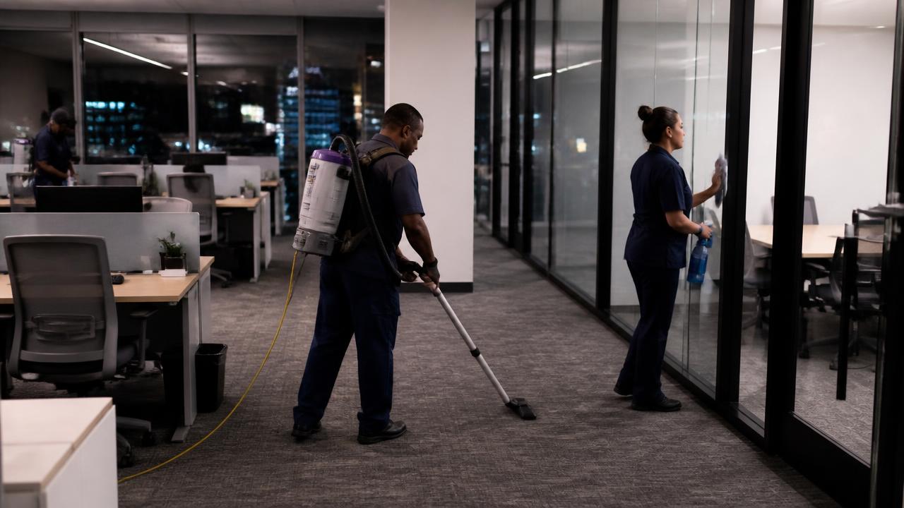 Night-shift janitorial crew vacuuming and cleaning glass conference rooms on a Class A office floor in Buckhead, Atlanta