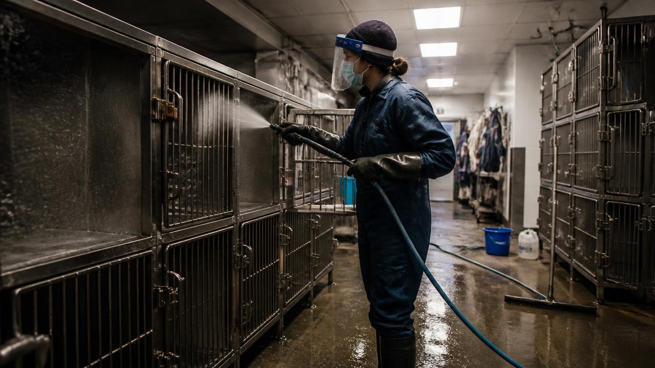 Technician in PPE disinfecting stainless steel kennel runs in a 24-hour emergency veterinary hospital