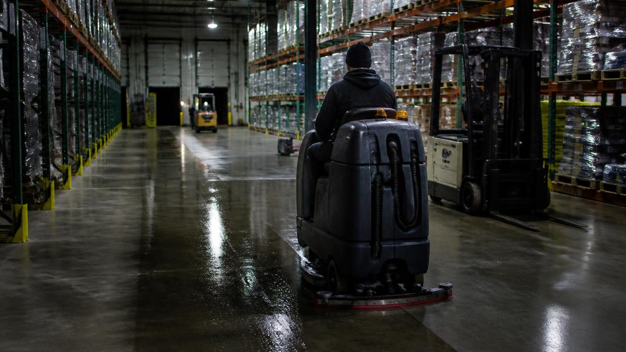 Ride-on floor scrubber cleaning a pick aisle between tall pallet racks in a regional distribution center