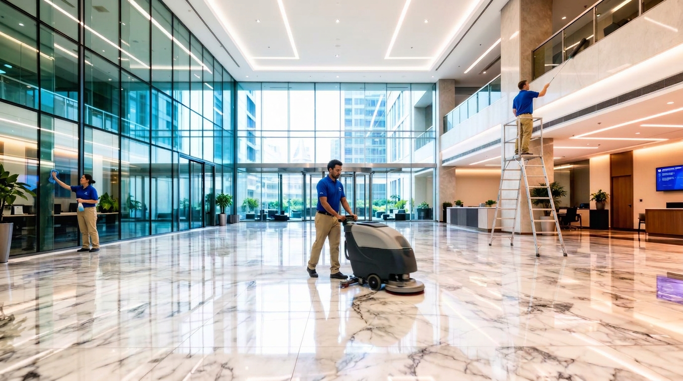 Commercial cleaning technicians servicing a modern office lobby in Metro Atlanta
