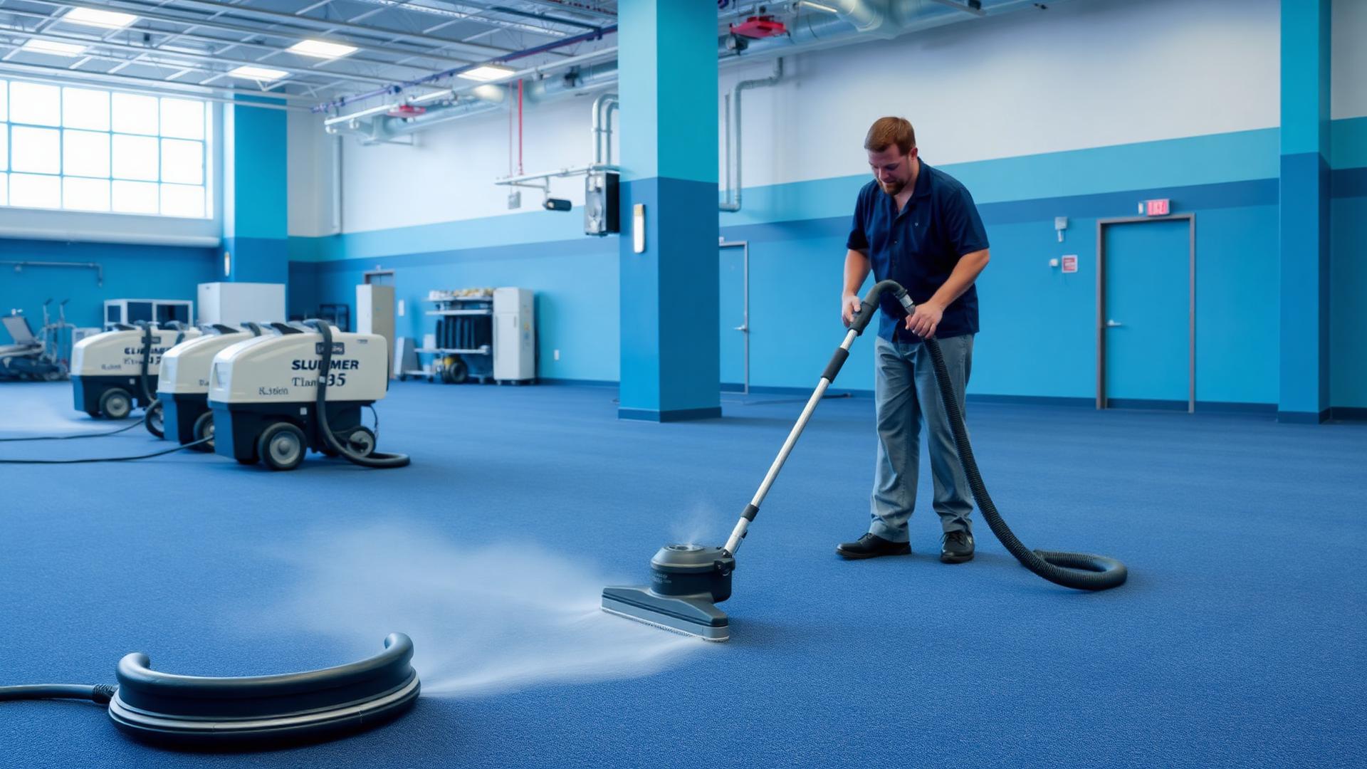 Technician performing deep carpet extraction in a large commercial space