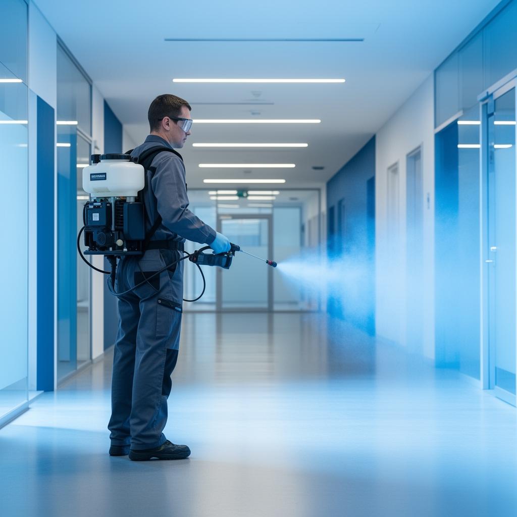 Technician performing electrostatic disinfection spraying across office workstations