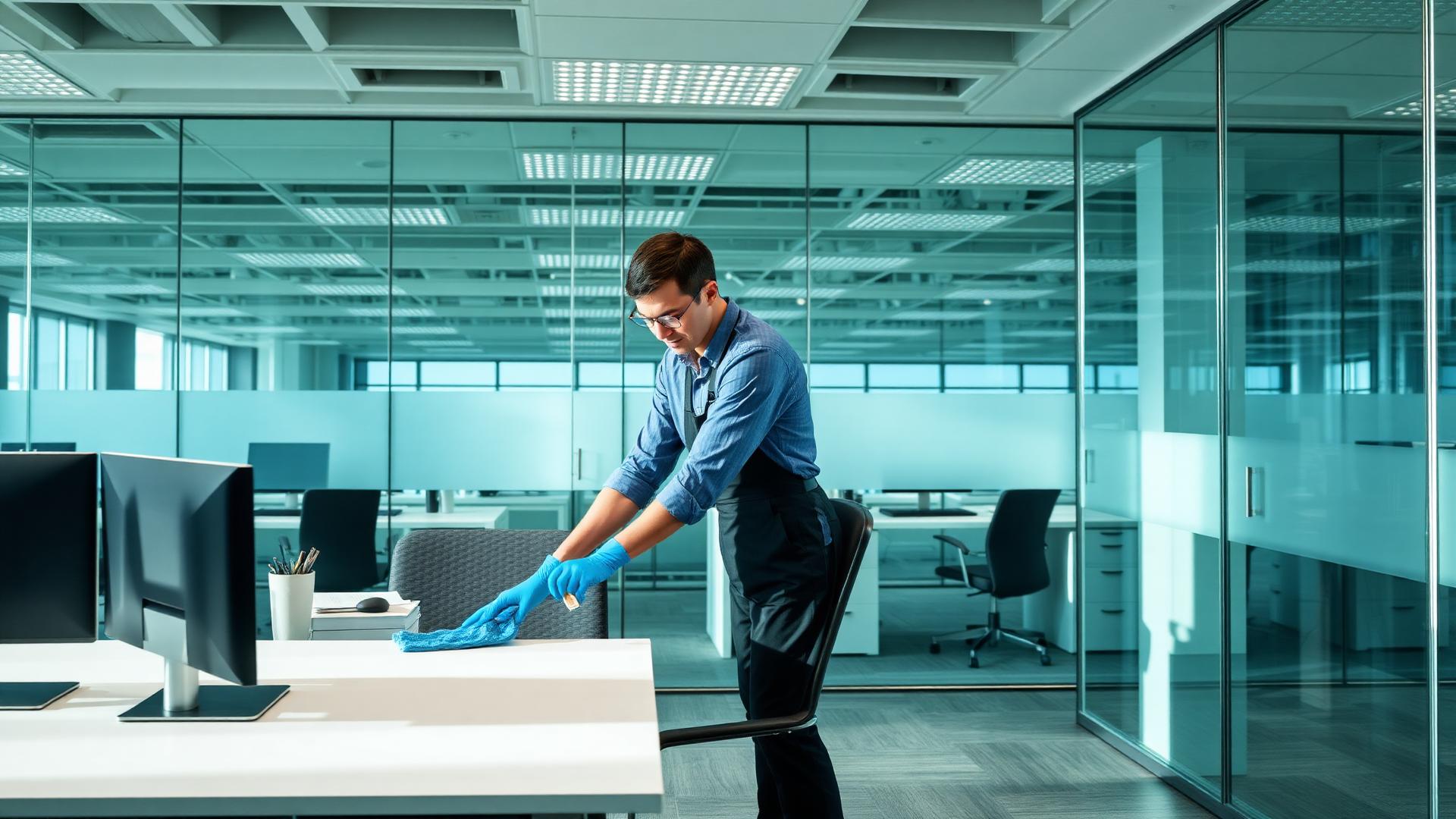 Cleaner sanitizing desks and shared surfaces in an open-plan office