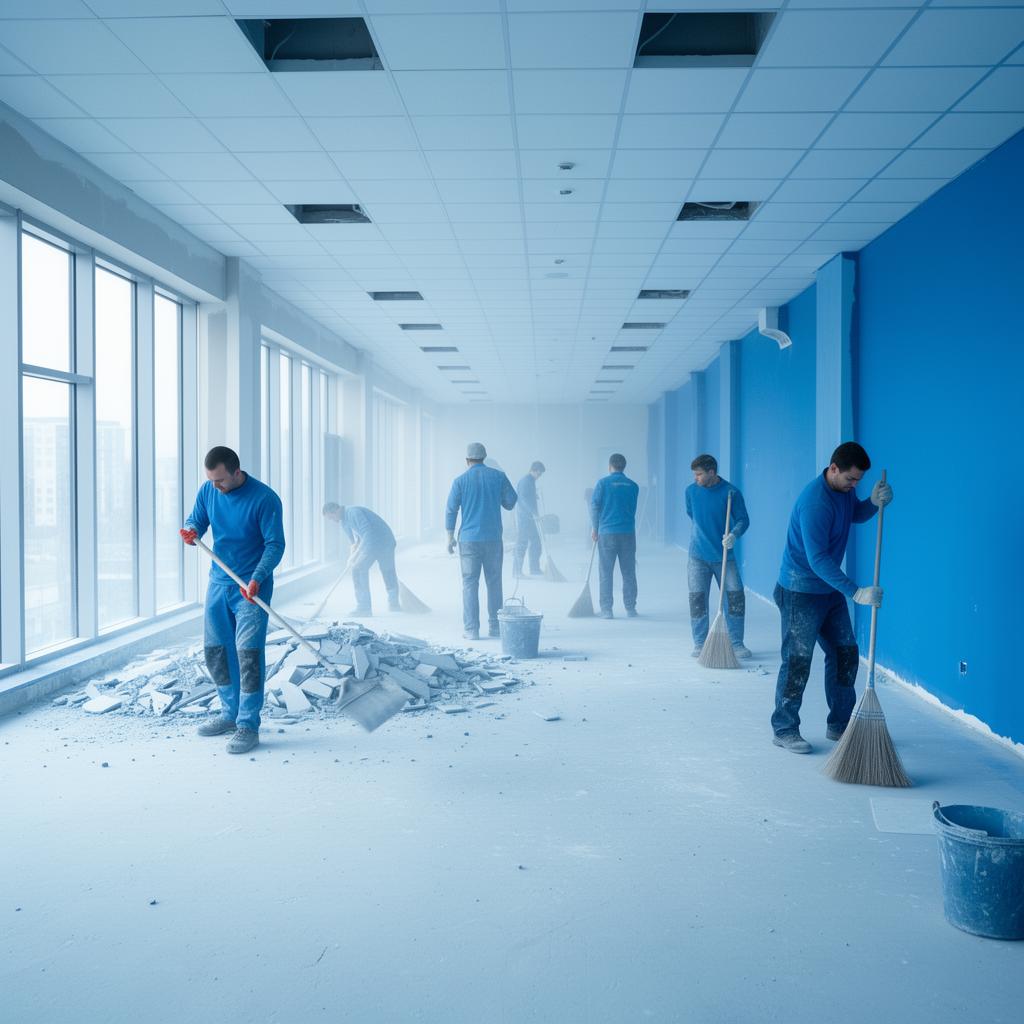 Crew removing drywall dust and debris during construction cleaning of a new build