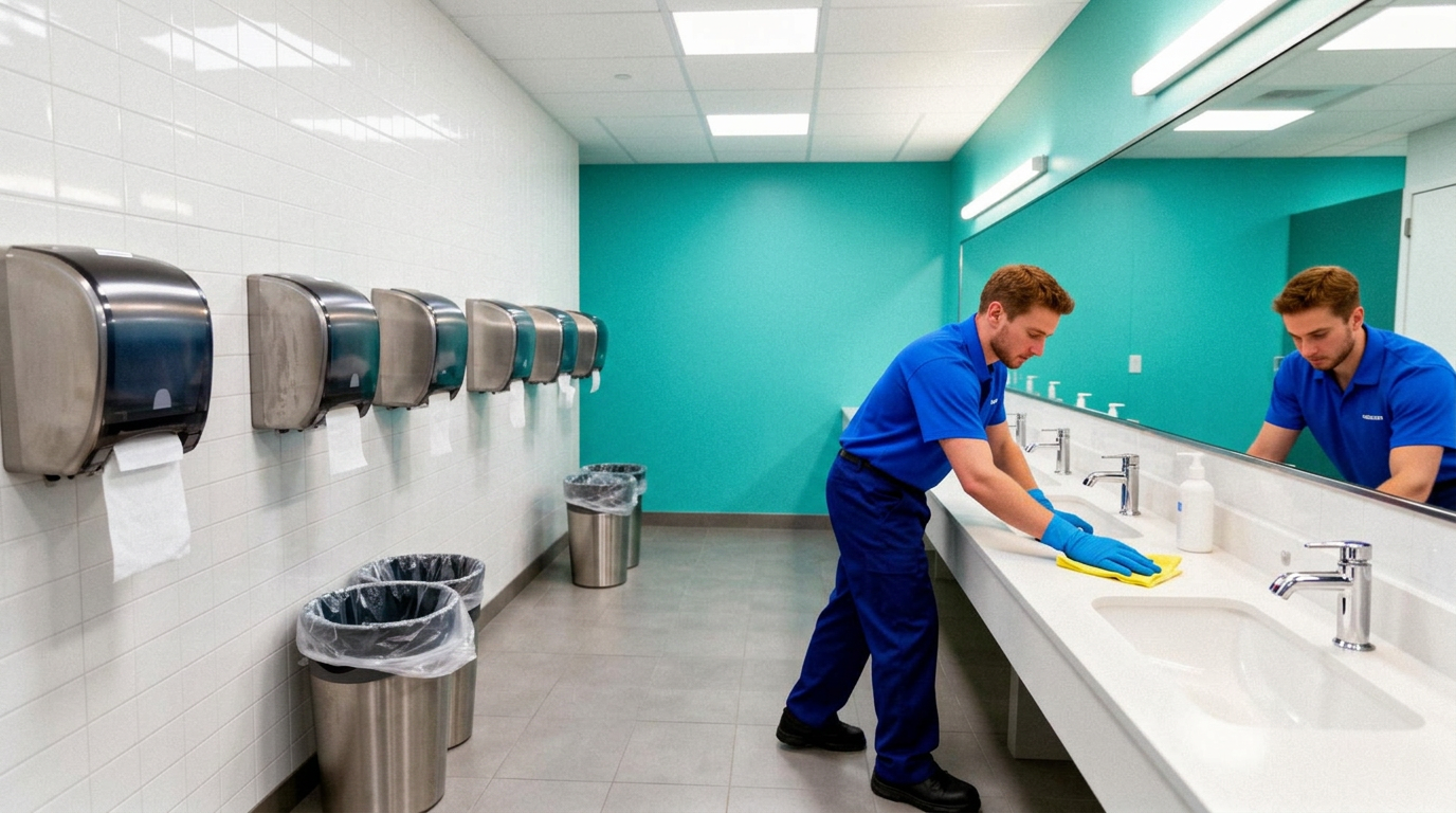 Uniformed janitorial team performing nightly routine cleaning in a commercial facility